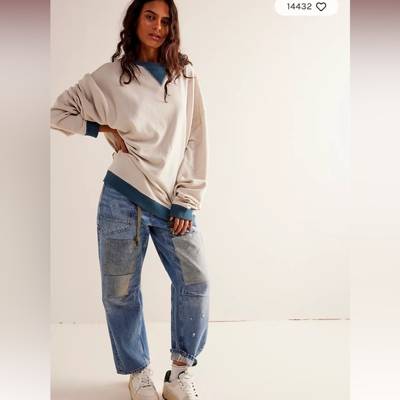 NWOT We the free Classic Crew Color Block Sweatshirt in Tea Combo size Large - Picture 2 of 5